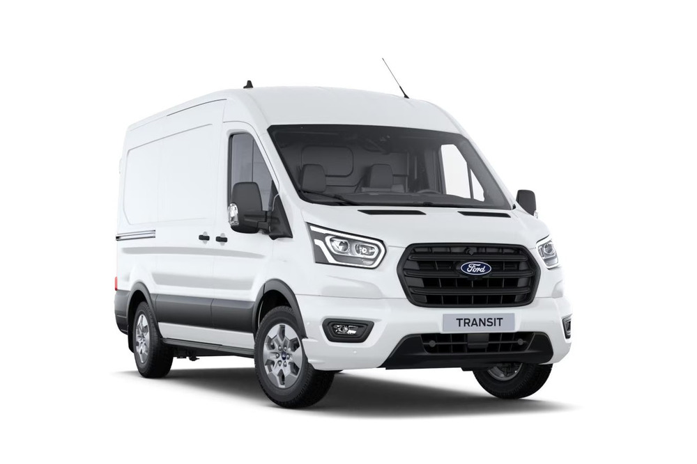 Weißer Ford Transit Kastenwagen in der Ausstattungsvariante Limited.