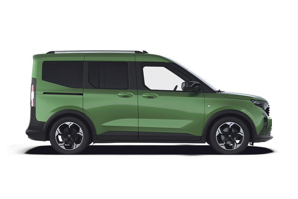 A green electric Ford E-Tourneo Courier
