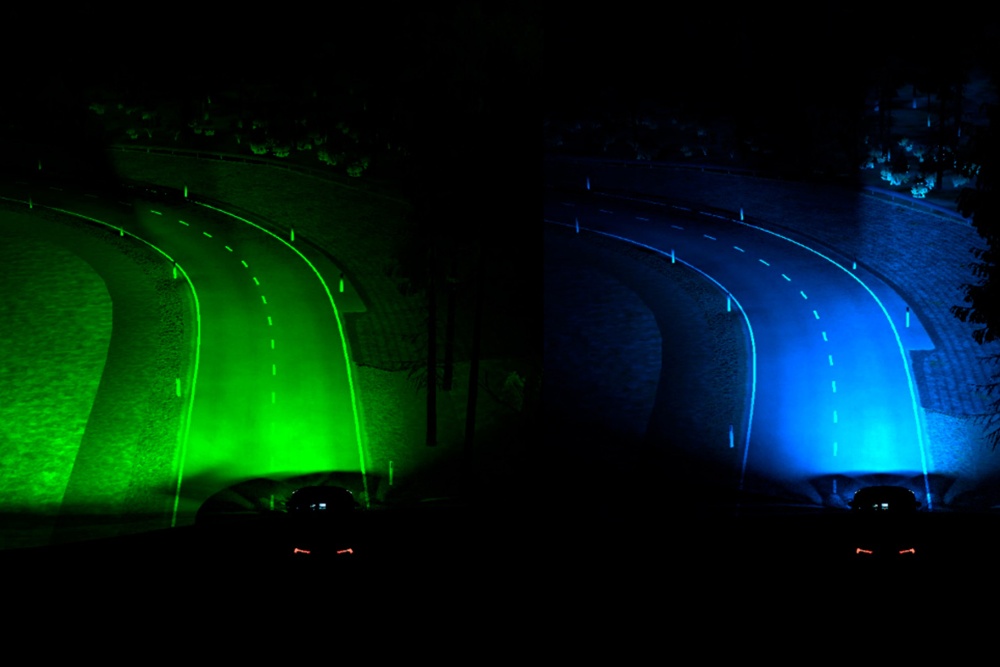 Zwei Abbildungen veranschaulichen die dynamischen Scheinwerfer, eine mit grünem Licht und eine mit blauem Licht.