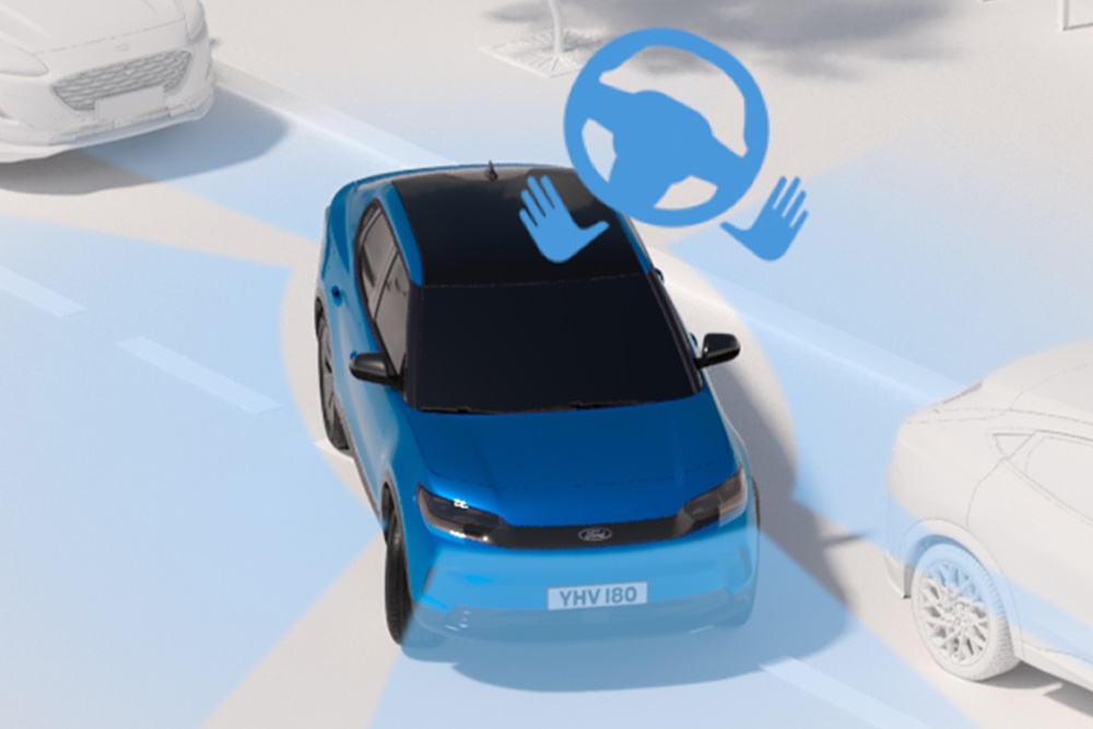 Graphik eines blauen Ford Fahrzeugs, welche den Aktiven Park-Assistent demonstriert. Über dem Fahrzeug ist ein Lenkrad mit zwei Händen abgebildet.