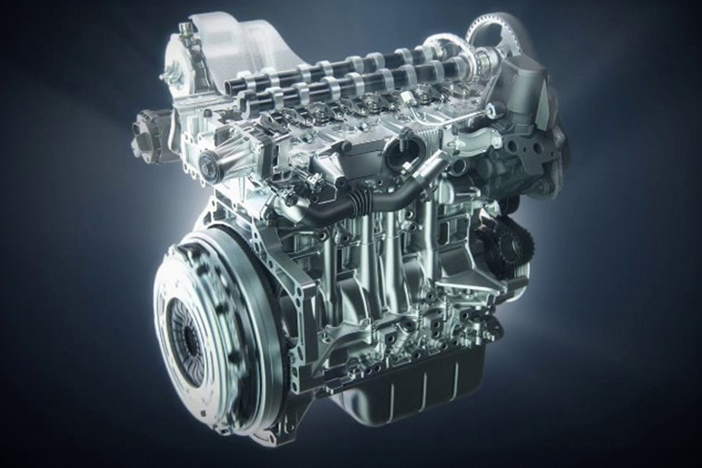 Ein detaillierter Blick auf einen Ford-Motor mit sichtbaren Komponenten wie Zylindern und Riemen.