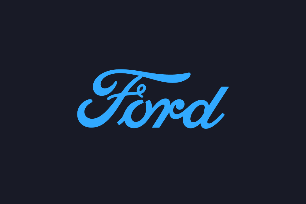 Blaues Ford Schriftzug-Logo auf dunklem Hintergrund.