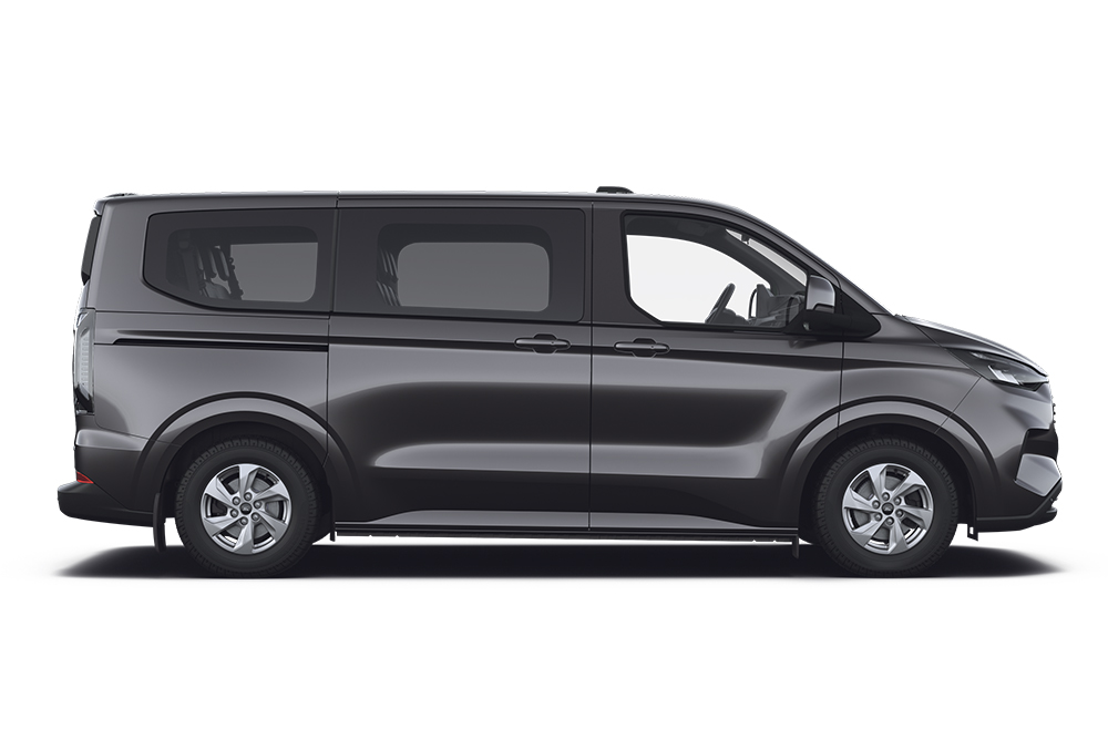 Schwarzer Ford Tourneo Custom, Teil der Großraumlimousinen- und Kleinbus-Reihe von Ford.