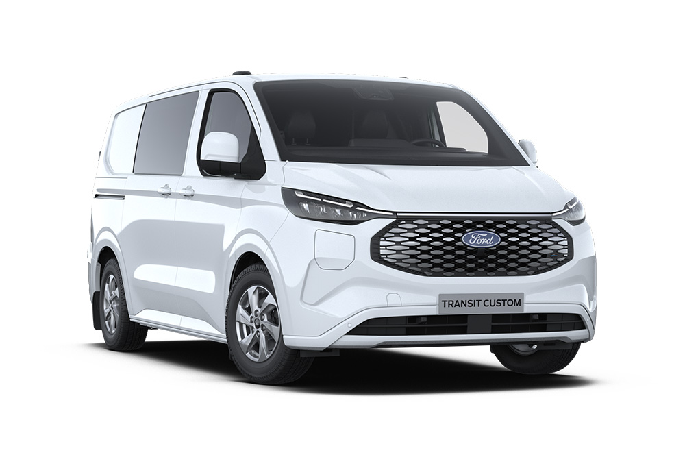 Weisser Ford E-Transit Custom Elektro-MultiCab, schraege Frontansicht.  