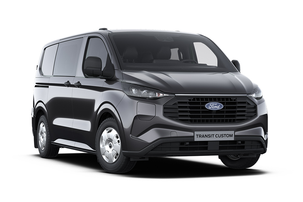Dunkelgrauer Trend Ford Transit Custom Kleintransporter, Frontansicht. 