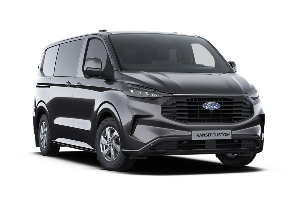 Dunkelgrauer Limited Ford Transit Custom Kleintransporter, Frontansicht. 