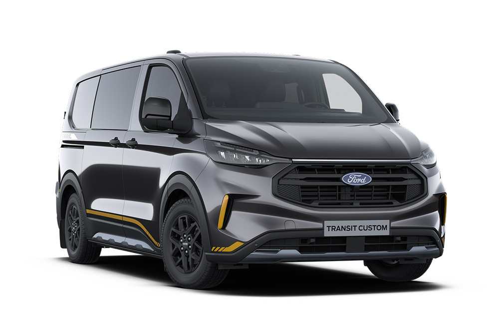 Dunkelgrauer Trail Ford Transit Custom Kleintransporter mit goldfarbenen Akzenten.